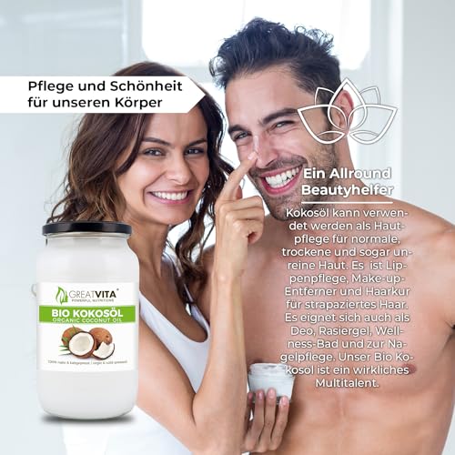 GreatVita Bio Kokosöl, nativ, 1000 ml im Glas zum Kochen Braten Backen