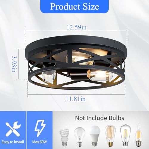 Image of SKEJAO 13 inch Black Flush Mount Ceiling Light Fixture, 3-Light, Close to Ceiling, Ideal for Hallway, Kitchen, Farmhouse, Bedroom