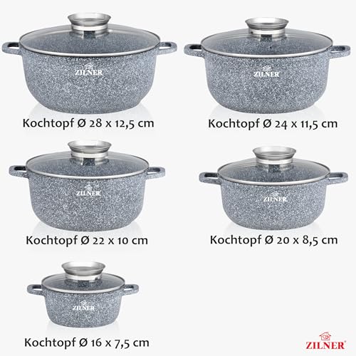 ZILNER® Kochtopf Set Induktion Antihaftbeschichtung Topfset Töpfe für Induktionsherde 5x Ø16, 20, 22, 24, 26 cm Granit Z