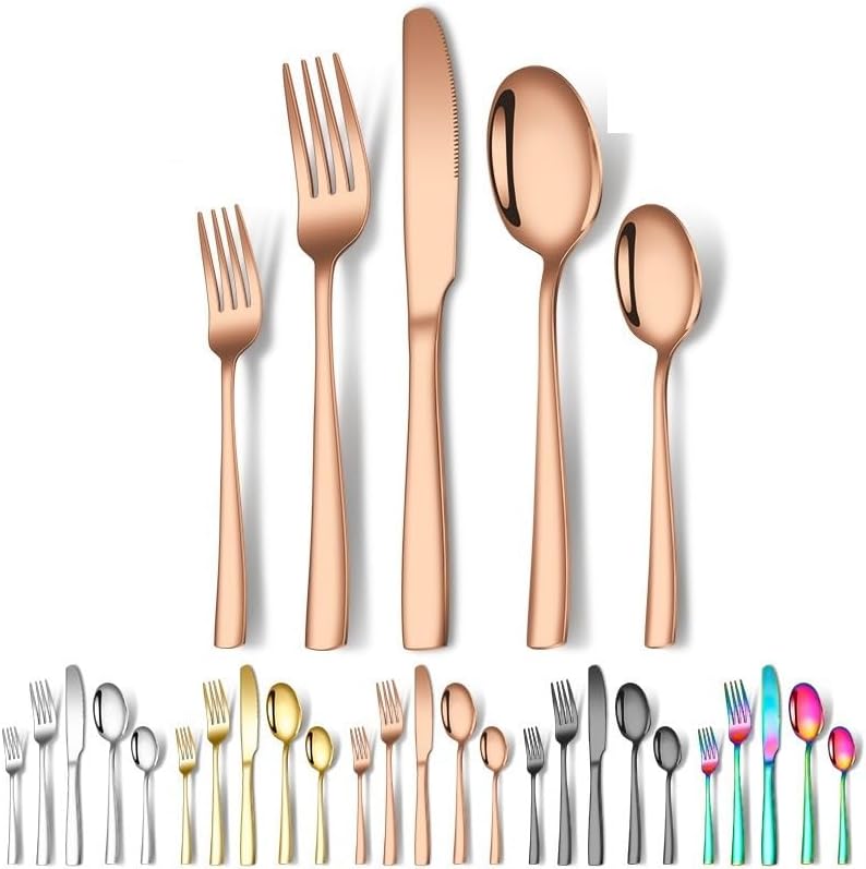 Silverware Flatware Set, 4/16/24/32/40/48pcs Stainless Steel Square Handle Cutlery Set Mirror Matte Steak Knife Fork Spoon(Rainbow,30 Pieces for 6)