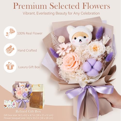Forever Flowers Bouquet with Cute Doll - Preserved Flowers for Delivery, Real Eternal Roses Bouquet for Mothers, Mom, Girlfriend, Wife Anniversary Birthday Gifts for Women Men - Image 5