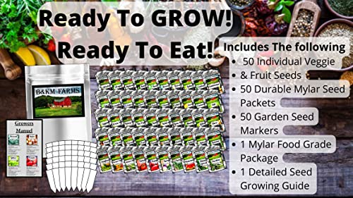 50 Vegetable & Fruit Seeds For Planting Your Outdoor & Indoor Home Seed Garden Gear. 50,000 Seeds, 50 Seed Markers, Growing Guide, & Survival Package. Gardening Heirloom Non-Gmo Veggie Seed B&Km Farms #TOP1