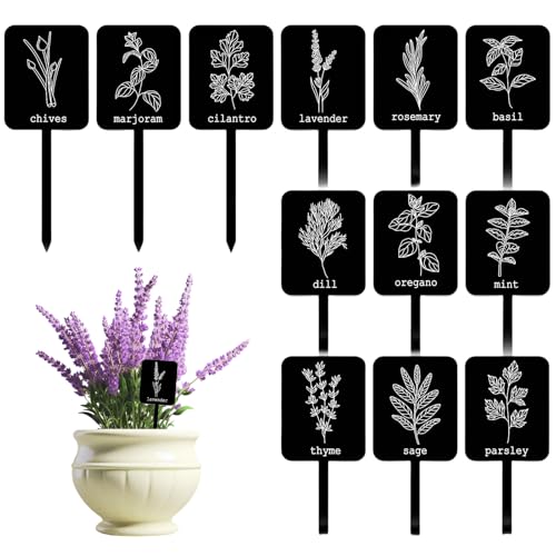 Kotkiddy 24 Stück Acryl Pflanzenetikett Schilder 12 Stile Garten Kräuter Markierungen Pflanzen Stake Etiketten Schwarze wasserfeste Etiketten für Gewächshaus