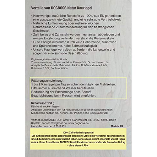DOGBOSS 100% Natur Kauriegel, Hundeleckerli, gesunder Hundesnack, Rinderhaut mit Pansen, 5 Stück 12 cm