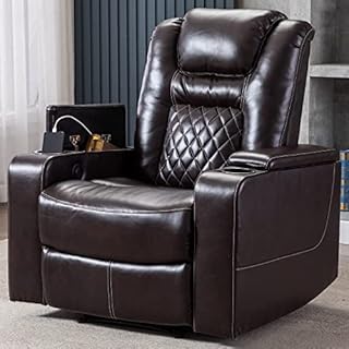 CANMOV Electric Power Recliner Chair with USB Ports and Cup Holders, Breathable Leather Home Theater Seating with Hidden Arm Storage (Brown)