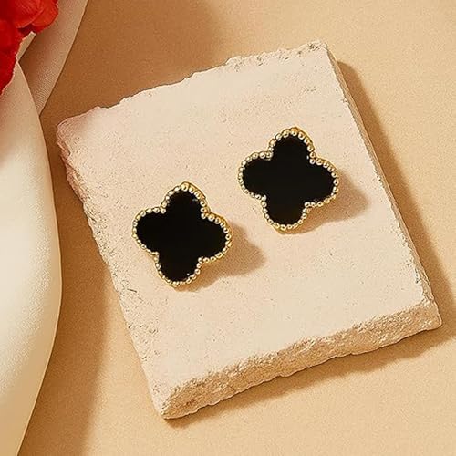Image of Estele 24Kt Rose Gold Plated Black Enamel Flower Shaped Stud Earrings one size