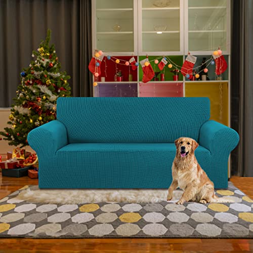 KEKUOU Stretch Loveseat Sofa Cover Slipcover,Couch Covers for 2 Cushion Couch Sofa (55"-78") Furniture Protector Sofa with Elastic Bottom for Kids,Dog. Jacquard Small Checked (Medium,Peacock Blue)