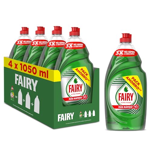 Fairy Ultra Poder Original Líquido Lavavajillas 4 x 1050ML Fórmula Efectiva Que Deja Los Platos Relucientes, Impresionante Poder Antigrasa