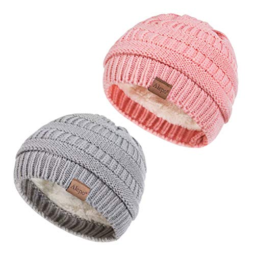 Alepo Fleece Lined Baby Beanie Hat, Infant Newborn Toddler Kids Winter Warm Knit Cap for Boys Girls (Light Gray&Pink)