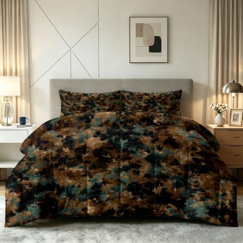 Edredón sin funda de 4 estaciones, retro, abstracto, reversible, lavable, 240 x 260 cm, estilo militar, camuflaje selva, ropa de cama de verano, ligera y cálida, con 2 fundas de almohada