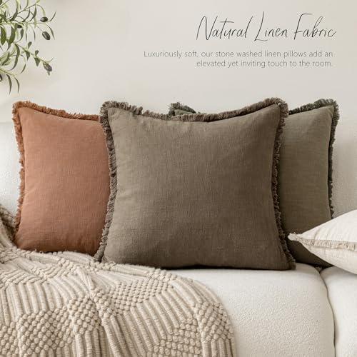 Image of Foindtower Set of 2 Decorative Linen Fringe Throw Pillow Covers Cozy Boho Farmhouse Cushion Cover with Tassels Soft Accent Pillowcase for Couch Sofa Bed Living Room Home Decor, 24x24 Inch, Light Brown