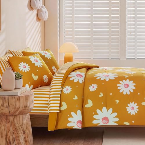 Image of Queen Comforter Set with Sheets for Girls-7 Pieces Soft Queen Bedding Sets | Bed in A Bag Cute Yellow Daisy Printed Comforter with Pillowcases & Shams, 90 inch X 90 inch