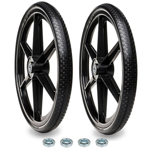 BAIVE BW 20 Flat Free Wheelbarrow Tires with 4Pcs 5/8 Bearing Pu Flat Free Wheels Compatible with 2.44 Centered Hub for rubber-maid Garden Carts Garden Trailers Roofing Equipment
