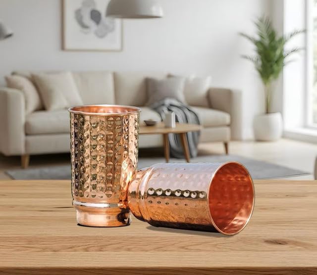 Benefici Per La Salute Secondo L'Ayurveda - Set Di 8 Bicchieri In Vetro Resistente Rame Puro Martellato Capacità 350 Ml