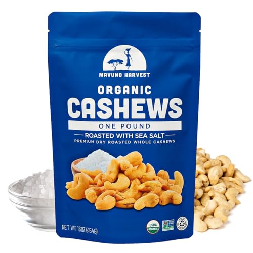 Mavuno Harvest Organic Roasted Cashews with Sea Salt | Dry Roasted Whole Cashew Nuts | Vegan, Non GMO Healthy Snacks for Kids and Adults | Office Friendly Work Snack | 16 Ounce, Pack of 1