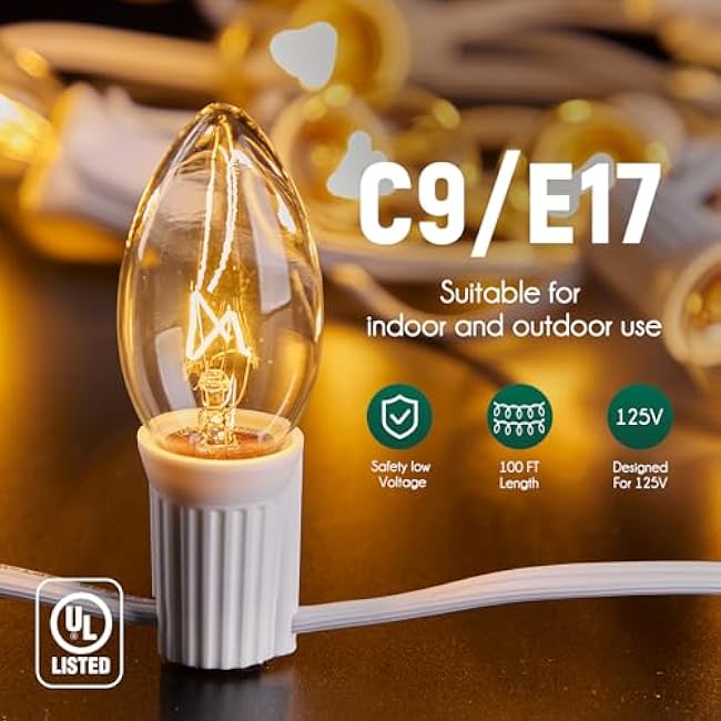 C9 Light Strand, 2 Pack 100 FT Outdoor String Lights Christmas Stringer with 100 Sockets for Christmas Decor Patio, E17 Light Socket, 12 Spacing, White Wire