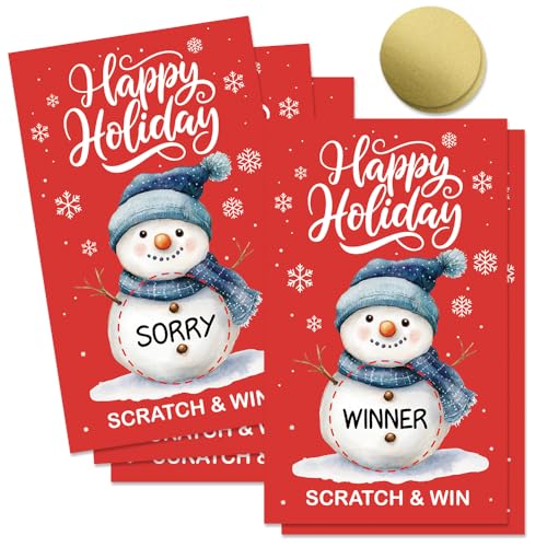 THEBESTU 50 Pcs Happy Holiday Themed Scratch Off Game Cards Snowman Scratch Cards Ideal for Christmas Parties Festivel Games or Seasonal Giveaways Party Favors Birthday Raffle Tickets