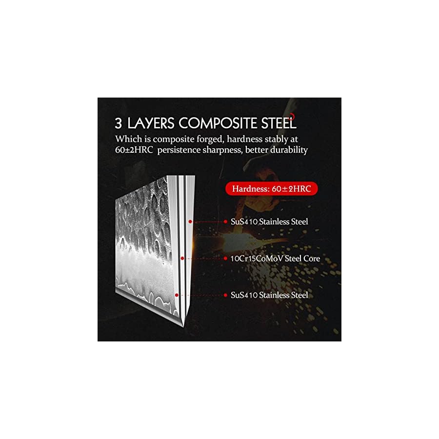 HEZHEN Kitchen Knife Set 4PCS, Clad Steel Chef Knife Nakiri Forged Steel Santoku, Wooden Octagonal Handle