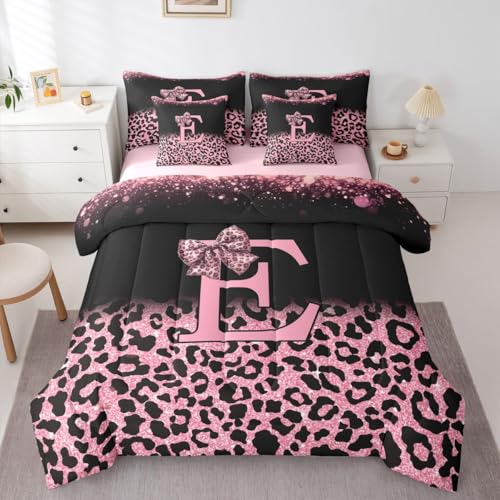 Image of Feelyou Pink Leopard Bow Full Comforter Set with Sheets for Kids Boys Girls Initial Letter E 7 Pieces Bedding Set Girly Bowknot Bed in a Bag Room Decor Soft Lightweight Microfiber