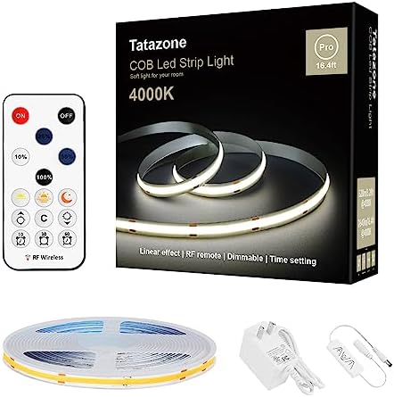 Tatazone White COB Led Strip Lights with RF Remote, 16.4ft 4000K Dimmable Bright Neutral White COB Light Strip, Indoor COB Led Lights for Mirror, Ceiling, Kitchen, Room, Cabinet, Closet