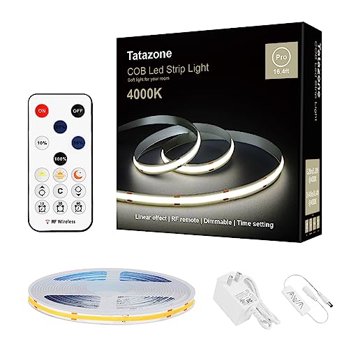Tatazone White Cob Led Strip Lights With Rf Remote, 16.4Ft 4000K Dimmable Bright Neutral White Cob Light Strip, Indoor Cob Led Lights For Mirror, Ceiling, Kitchen, Room, Cabinet, Closet #TOP10