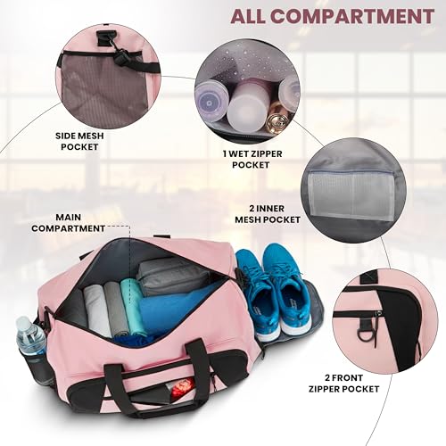 Image of Storite Nylon 50.5cm Travel Duffel Bag for Men & Women with Dry & Wet Pocket, Lightweight Water Resistant Luggage Bag with Shoe Compartment (Pink, 50.5x23x28cm)