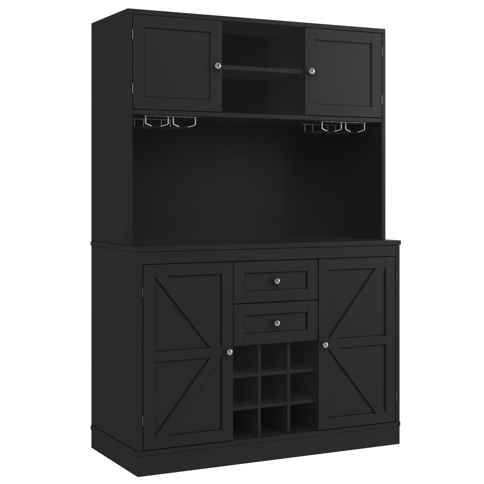 PUGSDRLY Buffet de Cuisine avec 4 Portes et 2 Tiroirs,Meuble de Rangement avec étagères réglables et casier à vin,Buffet Haut pour Cuisine,Salon et Salles à Manger,120x40x188cm (Noir)