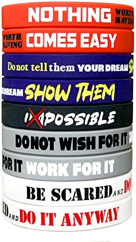 RUANJAI -Upgraded- 12-Pack Motivational Wristbands for Men, Women & Teens, 12x8” Silicone Rubber Bracelets with Inspirational Quotes, Unisex Adult Wristbands, 5 Unique Designs, 12 Pack