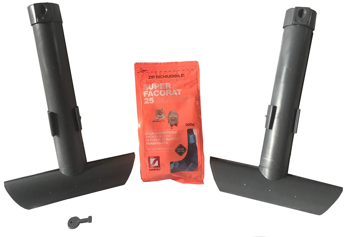 2 Erogatori Contenitori Stazioni di Sicurezza Ristoramatic Distributori di Esche Topicide Velenose. Omaggio 1 Confezione di Esca Rodenticida Super Facorat Blocks di gr 300. Colore Grigio