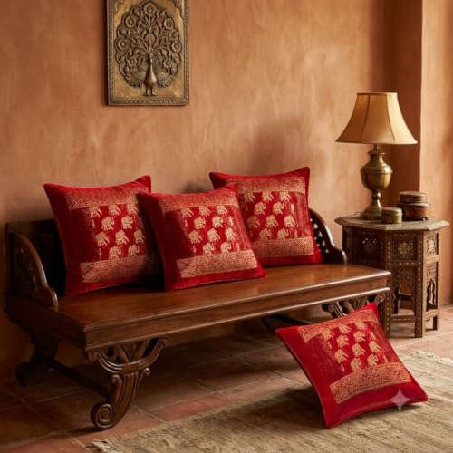 Image of Silk Elephant Printed Red Color Pillow Cover | Jaipuri Traditional Silk Cushion Cover (16 x 16 Inch) | Set of 5