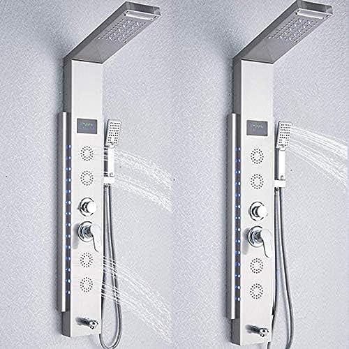 Panel de ducha led columna torre acero inoxidable con grifo, cascada, masaje, pantalla de temperatura, cabezal lluvia y ducha de mano miniatura 4