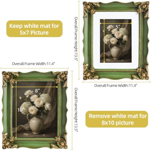 Image of Saysmile 8x10 Vintage Picture Frame with Embossed Flower Design, Green Ornate Frame for 8x10 or 5x7 Pictures with White Mat, Hand-Crafted Resin Antique Frames for Tabletop & Wall Hanging, Home Decor (Sage Green)
