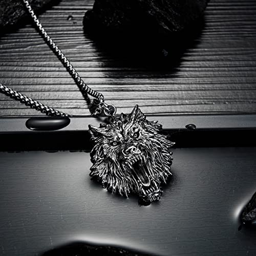 FUTIMELY Men's Stainless Steel Viking Wolf Necklace - Vintage Gothic Tribal Pendant - Punk Style Domineering Fierce Amulet Wolf Head Jewelry4