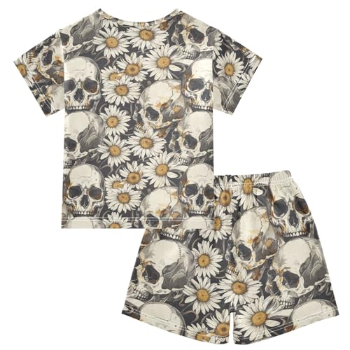 ALAZA Skulls Daisy Flowers Pajama Set Short Sleeve Sleepwear Soft Lounge Nightwear2