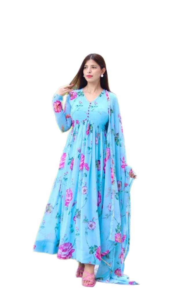Womens Georgette Full Sleeves V Neck Flared Gown Featuring Pink Rose Design with Pants and Dupatta 3 Piece Ethnic Wear-picture-11