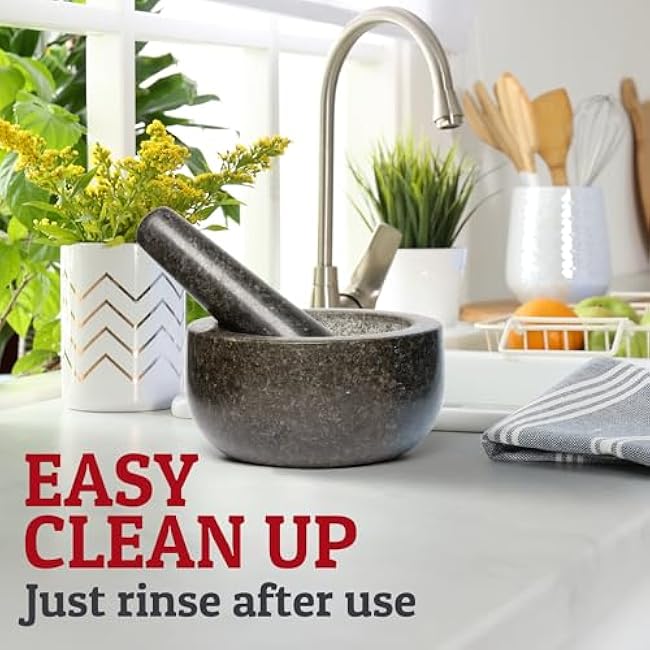 Priority Chef Heavy Duty Large 2 Cup Mortar and Pestle Set,100% Granite, Non Slip Base, Make Fresh Guacamole, Salsa, Pesto, Stone Grinder Bowl, Herb Crusher, Spice Grinder, 6.3 Inch Size, Black