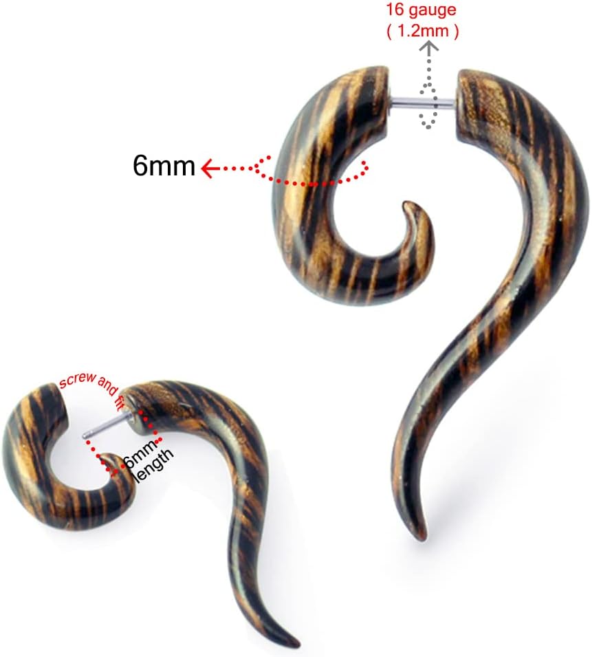Tribal Spiral Long Tail Dark Wood Pattern on UV Acrylic with 16 Gauge 316L Surgical Steel Fake Ear plug - Fauxs Plug - Gauge Earring Body Piercing Jewelry