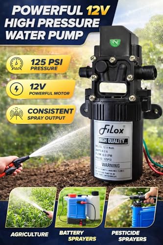 Image of FILOX 12V DC High Pressure Water Pump 125 PSI | Battery Operated Sprayer Motor for Agriculture Spray, Car & Bike Wash, Garden Watering, Sanitization | Portable Diaphragm Pump