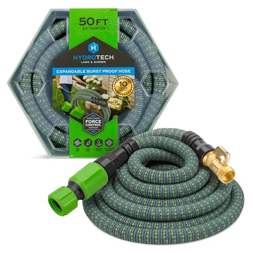 HydroTech 50 ft Expandable Garden Hose - Burst Proof & Lightweight Flexible Water Hose with Durable Reinforced Latex Core & Solid Brass Fittings for Lawn Garden Car Washing