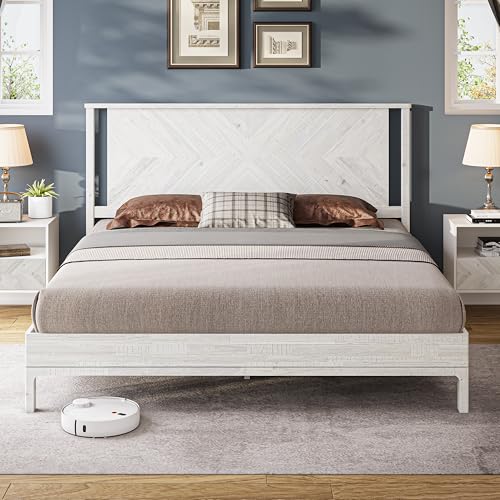 Image of Bme Vivian 14 Inch Deluxe Bed Frame with Headboard, Rustic & Scandinavian Style with Solid Acacia Wood, No Box Spring Needed, 12 Strong Wood Slat Support, Easy Assembly, King, Rustic White