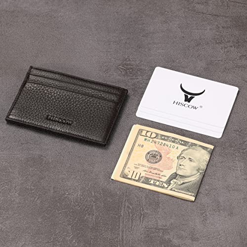 Image of HISCOW Slim Full Grain Leather Card Holder with ID Window, Pebbled Coffee | Men's minimalist EDC wallet, front pocket carry, 2 credit card slots & center pocket, fits folded bills, premium gift box