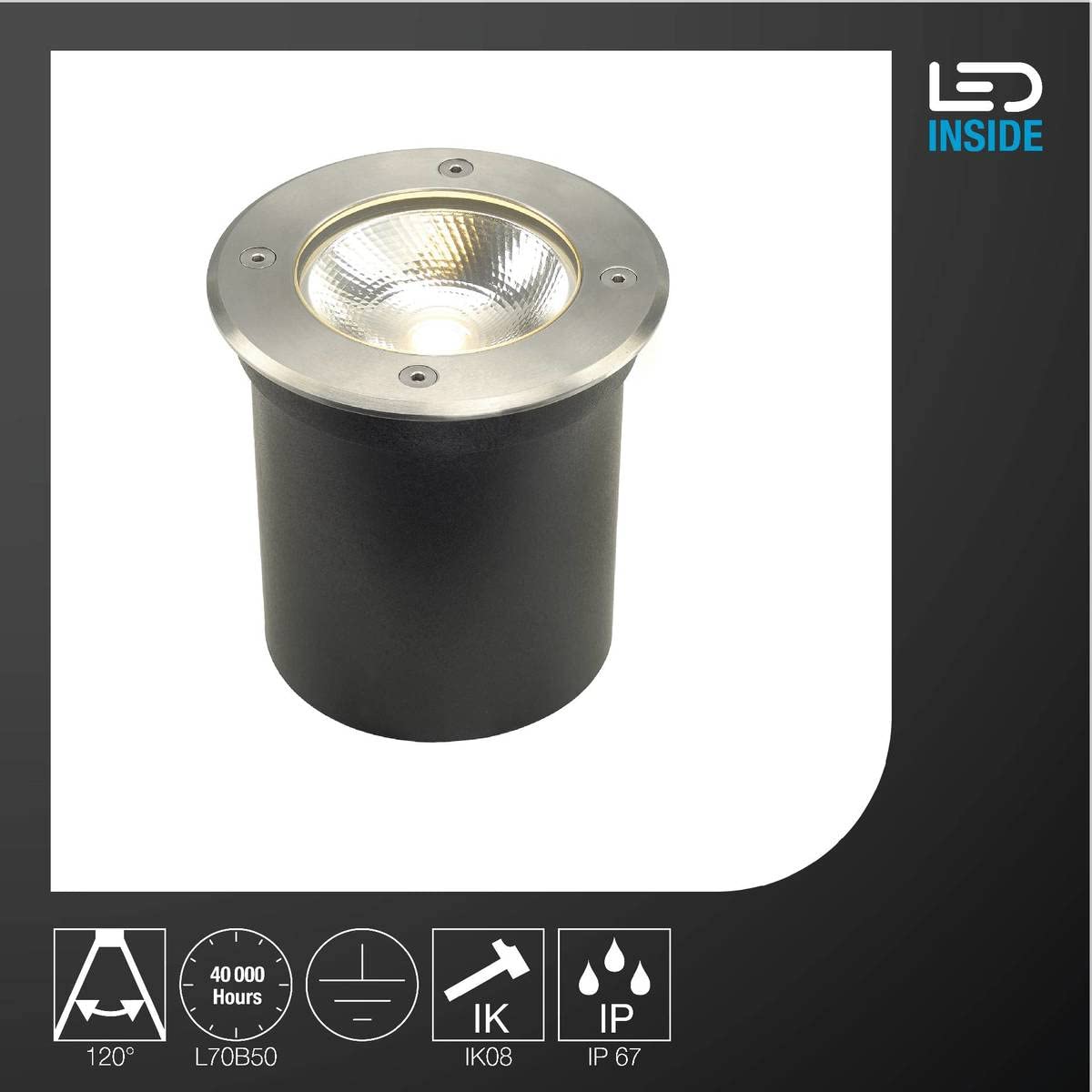 SLV luminaria empotrable de suelo ROCCI 125 / Foco led para terraza, lámpara empotrable, lámpara de suelo para exteriores / IP67 3000K 8,6 W 580lm acero inoxidable 120 grados