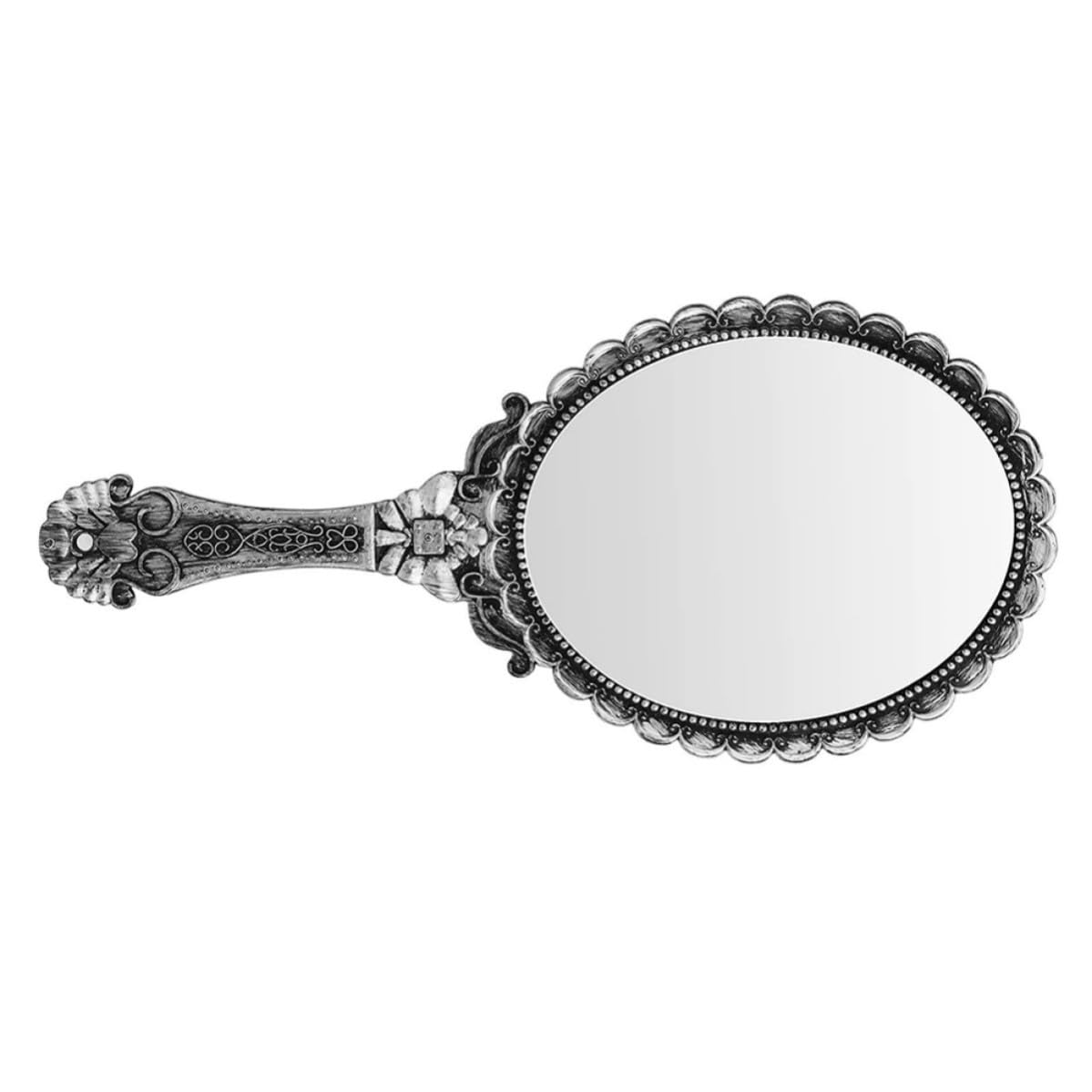 BESPORTBLE Specchio Cosmetico Portatile da Donna Manico Intagliato Stile Vintage in Abs e Vetro Argento, Resistente e Decorativo per Casa e Viaggi