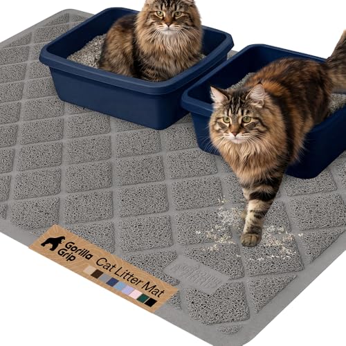 Image of GORILLA GRIP Cat Litter Box Mat, 47x35, Cushioned Coil Mesh Litter Trapping Mats, Scatter Control Supplies for Less Mess, Phthalate Free, Ultra Deep Catch Grooves, Rinse or Vacuum to Clean, Gray