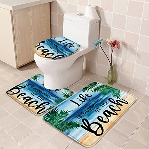 Beach 3-teiliges Badezimmerteppich-Set Tropical Summer Blue Ocean Palm Tree Strapazierfähiges weiches Badematten-Set mit Konturteppich Toilettendeckelbezug for Dusche/Badewanne, 20"x32"+16"x18"+16"x20