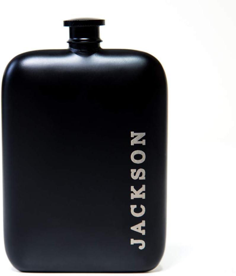 Swanky Badger Personalized Hip Flask, Stainless Steel Flask, Matte Black Coating, Includes Funnel, 7oz (200ml) Perfect Men's Gift, Father's Day Gift or Groomsmen Gift (Classic - Front Engraved)