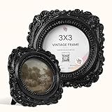 97 Decor Black Vintage Picture Frames 3x3 - Mini Round Gothic Picture Frame 3x3, Small Ornate Frame For Table Top And Wall Hanging, Handcrafted Resin Goth Home Decor Gallery Wall Art