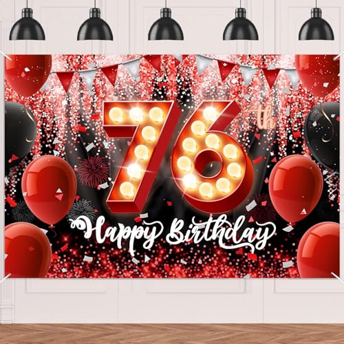 Happy 76th Birthday Backdrop Red Black Gold Balloons Marquee Lights Background 76th Birthday Decorations for Men Women Birthday Celebration Photo Booth Banner 76 Years Old Milestone Decor