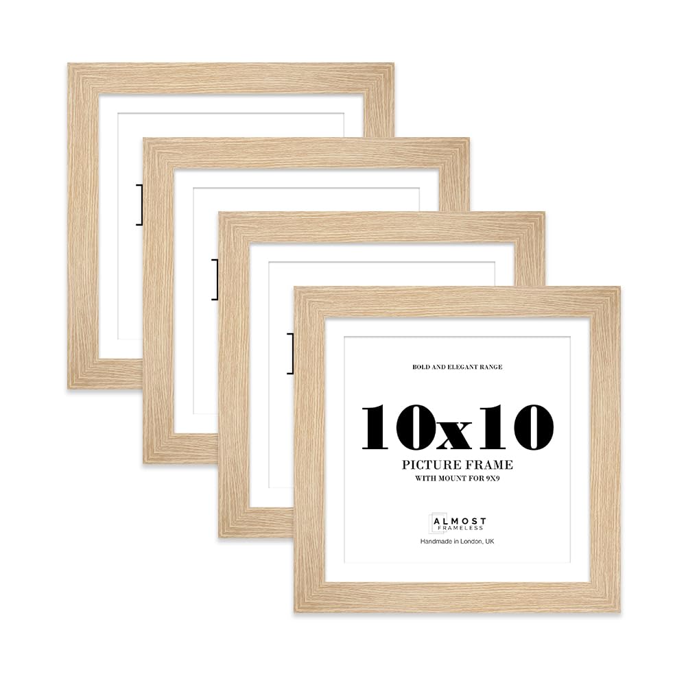 10x10" Oak Square Frame With Mount for 9x9" Pictures 28mm Edge Frame Display with Wall Hooks and Kickstand, 4 Pack