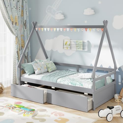 Giantex Twin House Bed With Drawers & Storage - Wooden Montessori Bed Frame With Safety Rails, Natural - View #10